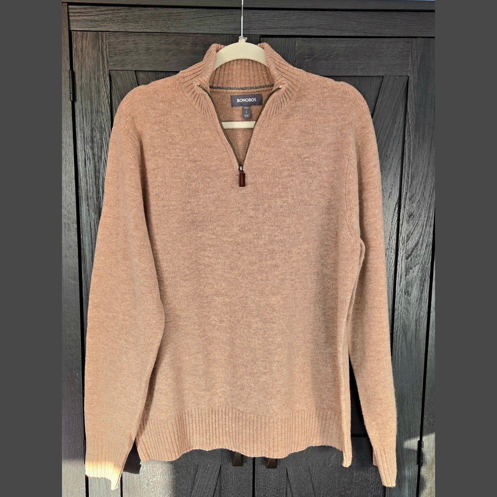 Bonobos Mens 1/4 Zip Tan Sweater 100% Lambswool Preppy Old Money Large
